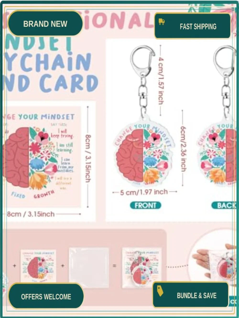 50 Acrylic Growth Mindset Keychains with Inspirational Cards - Motivational